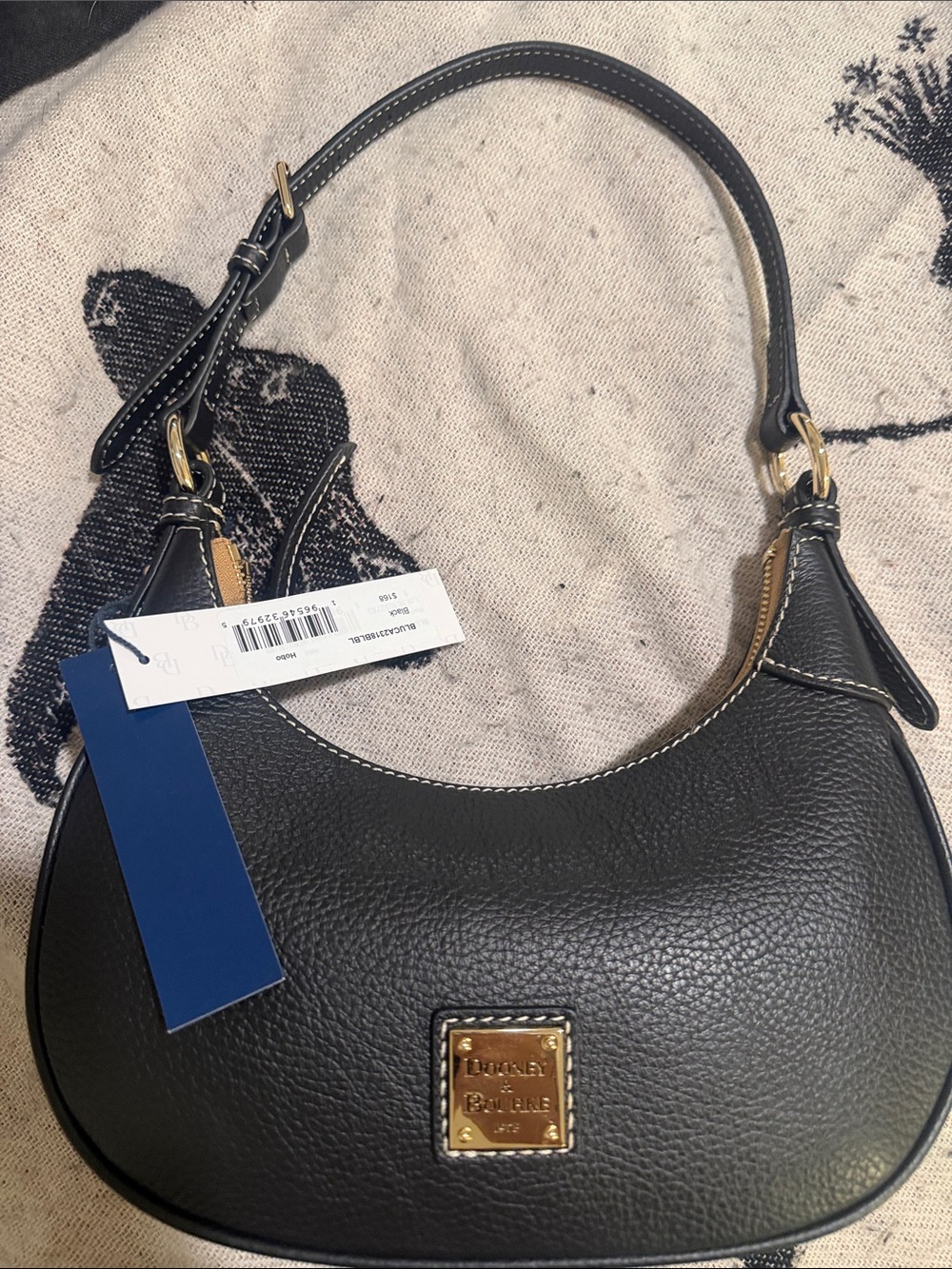 Dooney & Bourke Black Pebble Leather Crescent Shoulder Bag with Gold Hardware